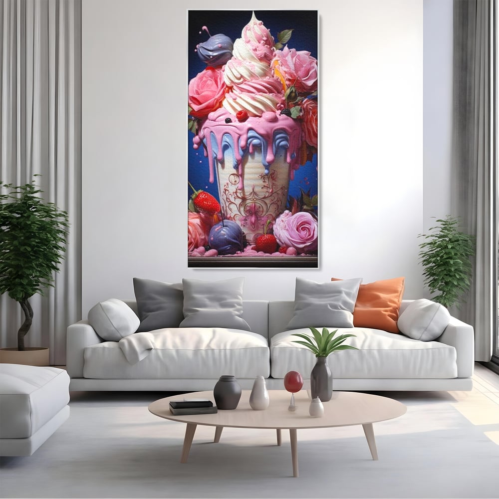 Tablou canvas cu ilustratie digitala cu cupa de desert decorata cu trandafiri, in rama de aluminiu argintiu, pe perete intr-un living